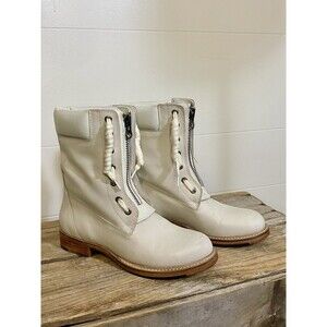 Vintage Foundry Co Filo Boots Womens Size 7 White Leather Combat Lace Up Zip